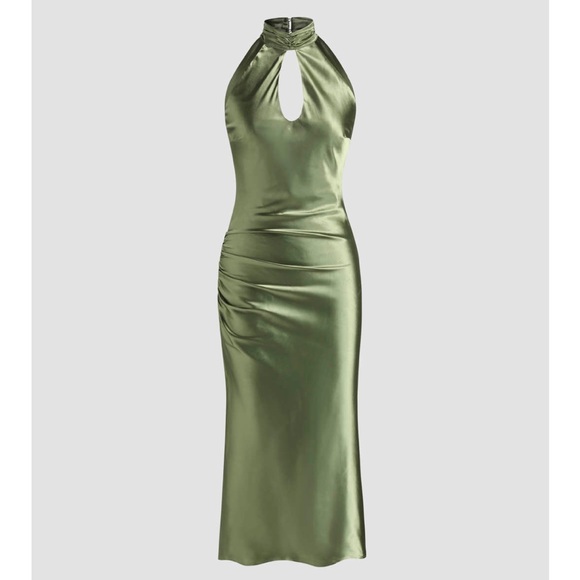 cider green silk dress Floral Pattern Midi Dress - Cider